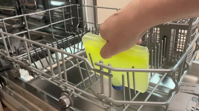 Hand placing yellow bottle of liquid cleaner solution into open dishwasher rack for removing limescale and grease during maintenance washing cycle. High quality 4k footage