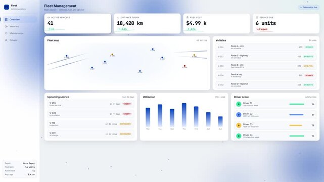 Clean light mode fleet management dashboard ui interface concept with vehicle tracking gps map fuel cost analytics scheduled service maintenance and driver safety score card mockup banner