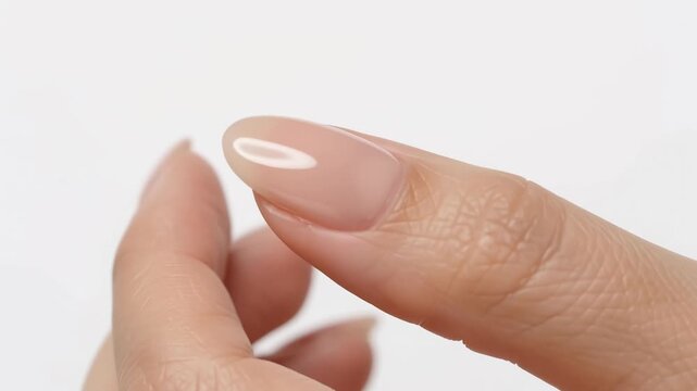 Close up of woman finger with glossy nude manicured fingernail