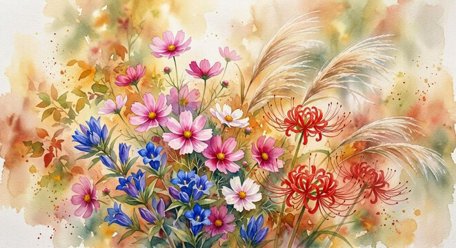 Watercolor illustration of Japanese autumn flowers including cosmos, gentian, red spider lily, and pampas grass.