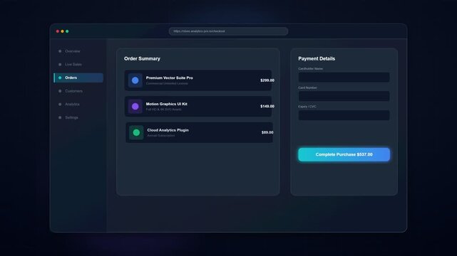 Modern dark user interface design for an online checkout and payment processing dashboard.