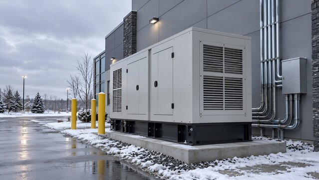 Outdoor Backup Generator Beside Commercial Building in Winter