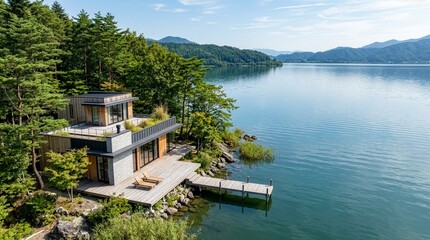 Fototapeta premium 森に囲まれた湖畔のモダン住宅と桟橋