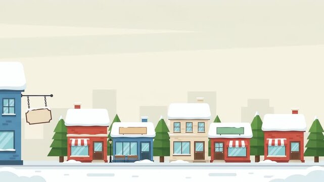 Vector Shops with Swinging Sign in Winter Town, Animation