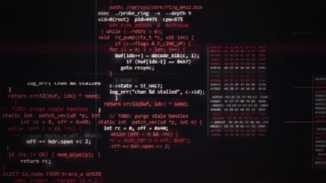 Abstract Digital Glitch Effect with Red Noise Looped Background. Error Signal Loop. Virus Code and Software Hack Concept. Cyber Security Terminal Animation with Scanlines and Corrupted Data