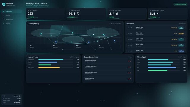 Dark mode supply chain control dashboard ui interface concept with live freight route map delivery tracking shipments status inventory level monitoring and logistics throughput layout