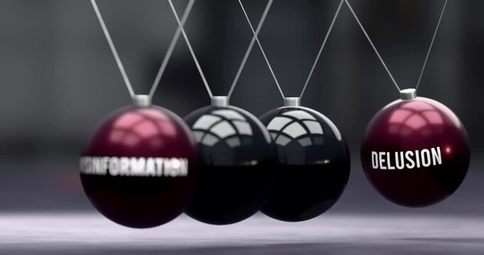 Misinformation and delusion in vicious cycle. Misinformation causes delusion. Newton cradle metaphor showing negative effects of misinformation. Can be looped