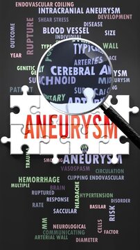 Aneurysm under magnifying glass, being researched, studied and examined. Most important subjects and ideas closely related to aneurysm written around a puzzle to symbolize complexity of aneurysm.