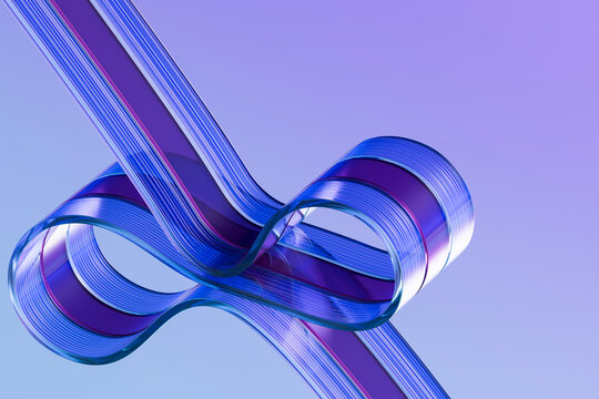 Interlocking infinity ribbon over diagonal digital bands on gradient background 3D