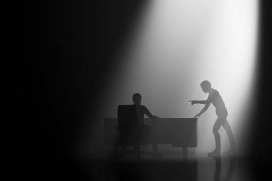Workplace confrontation between two colleagues across a desk in shadow 3D