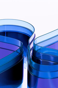 Twin curved data columns creating a reflective digital passage on white 3D