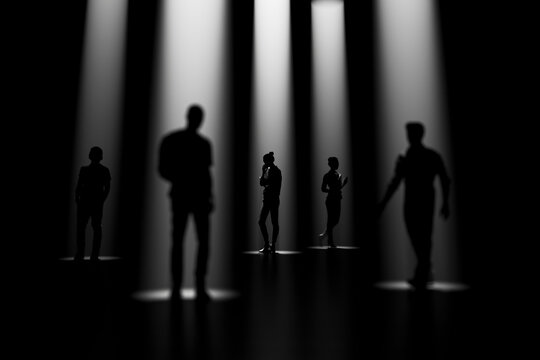 Selected individuals standing in separate spotlights within a dark group 3D