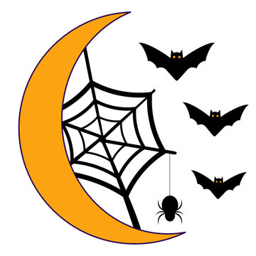 Halloween crescent moon with spider web, spider and flying bats vector illustration