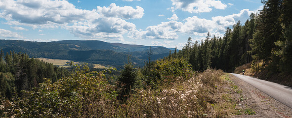 Panoramic view of forested hills and valley with mountain road and distant cyclist near Kráľova hoľa, Low Tatras National Park, Slovakia © hopsalka