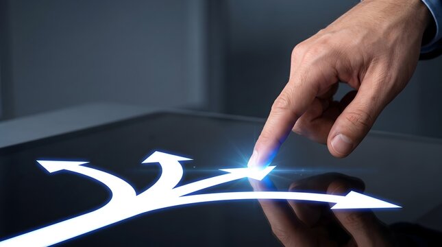 Businessman s finger touching a glowing digital arrow branching into multiple paths symbolizing choice decision making and future direction in technology.