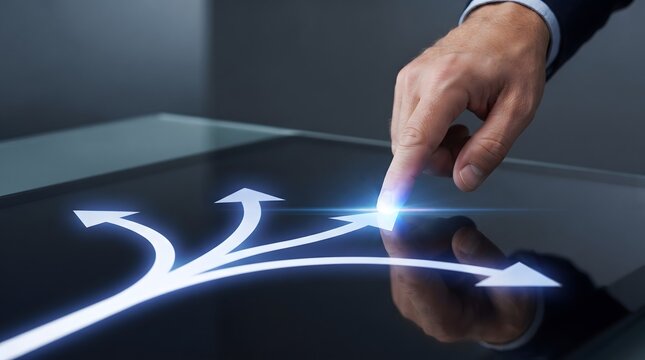 Businessman s finger touching a glowing light at the intersection of three diverging white arrows on a dark digital interface symbolizing choice and decision making.
