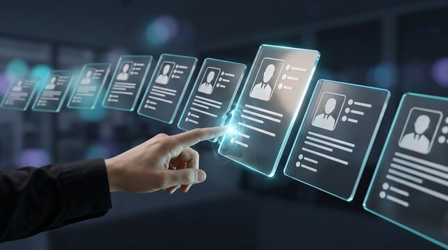 Person hand touching digital profile cards floating in air representing applicant tracking system and human resources recruitment process in a modern high tech digital environment