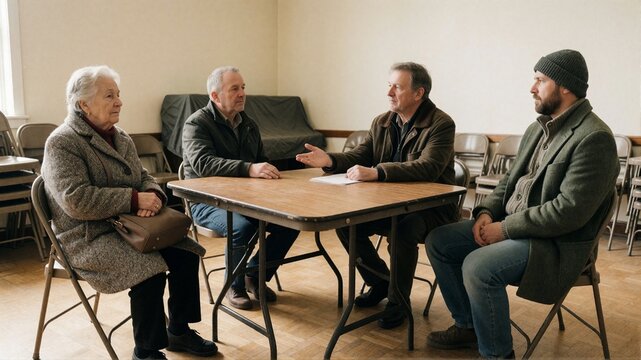 Four people in serious discussion around table in community hall