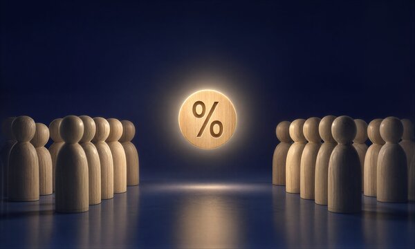 Wooden figures face a glowing percentage symbol, representing financial decision-making.
