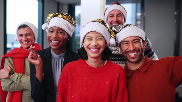People, face and excited in business for Christmas, festive celebration or last day of work. Employee, team or happy at office party for xmas event, year end function or start of holiday in santa hat