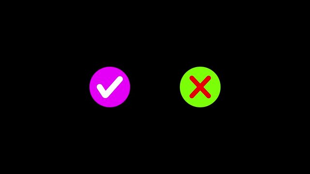 Green checkmark and red cross mark icons animate side by side on a transparent background with alpha channel, ideal for right/wrong and pass/fail UI graphics.