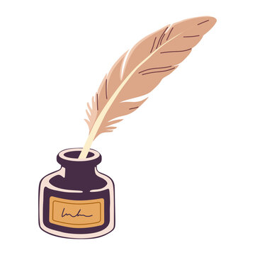 Flat Cartoon Quill Pen and Ink Bottle Illustration for Writing and Literature