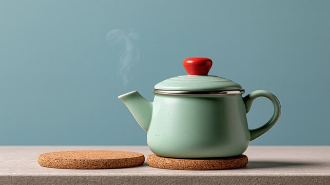 Funny proud cork trivet with hot pot and steam, holiday photo