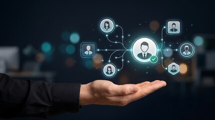 Obraz premium Human resources professional hand presenting virtual network of employee icons representing team structure and organizational management through holographic interface