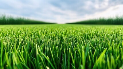 Fototapeta premium Lush green grass field under blue sky with soft focus in background