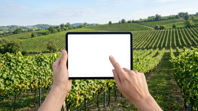 Person holding digital tablet with blank screen in lush green vineyard generated using ai