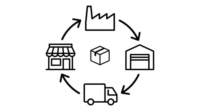 Supply Chain Management Line Illustration. Enterprise Logistics Distribution and End-to-End Supply Chain Operations Outline Illustration Isolated on White Background