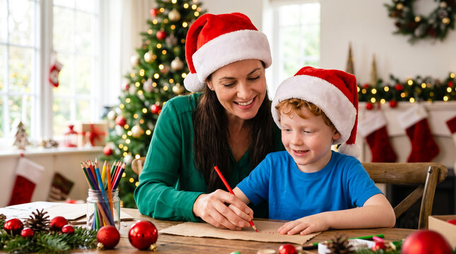 Smiling mother and son writing letter near Christmas tree at home, family tradition and holiday preparation