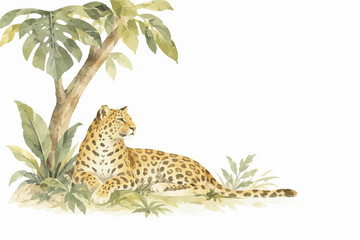 Fototapeta premium Exotic Wildlife and Tropical Animals in Minimalist Watercolor Landscape Illustration
