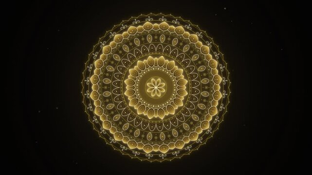 Rotating golden mandala pattern on black background with glowing particles