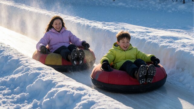 Mother and son sliding down a snowy hill on inflatable tubes