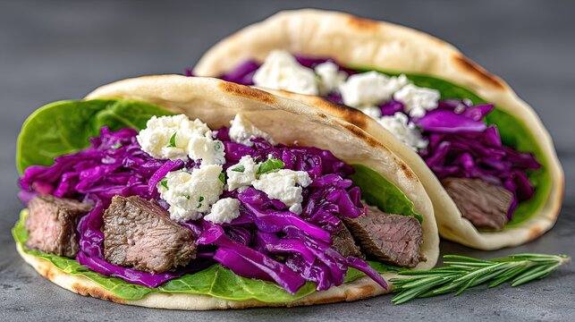 Two flatbread wraps filled with sliced steak purple cabbage lettuce and goat cheese