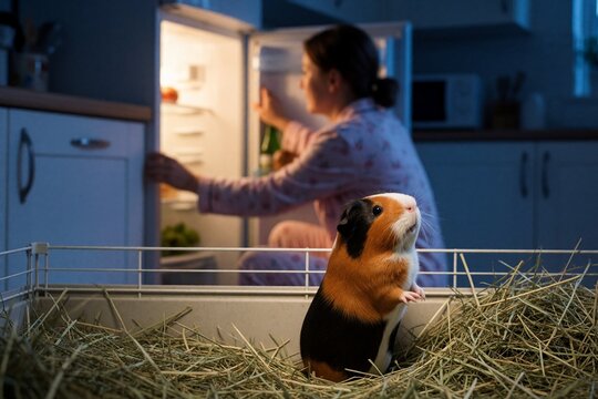 Guinea pig in hay looking at woman opening fridge at night