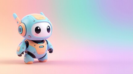 Fototapeta premium Cute 3D rendered mini robot character stands on pastel gradient background. Small futuristic android toy mascot represents artificial intelligence, machine learning. Friendly cyborg bot with blue,