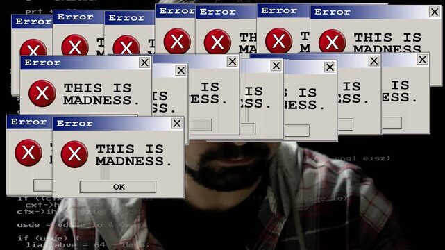 Hipster programmer overwhelmed as retro error dialogs multiply across screen reading THIS IS MADNESS. Green code and cascading pop-up windows create tech humor for software overload themes.