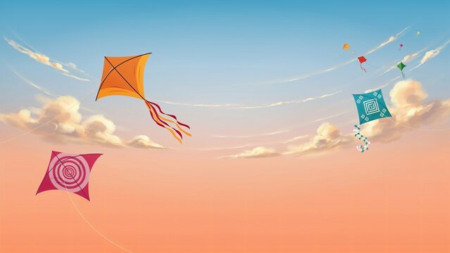 Colorful Kites Flying in Sunny Clouds Makar Sankranti Vector