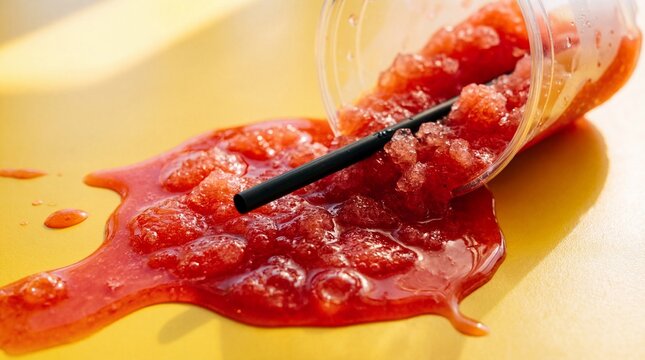 Accidental Spill of Refreshing Red Slushy Beverage with Black Straw on Yellow Surface
