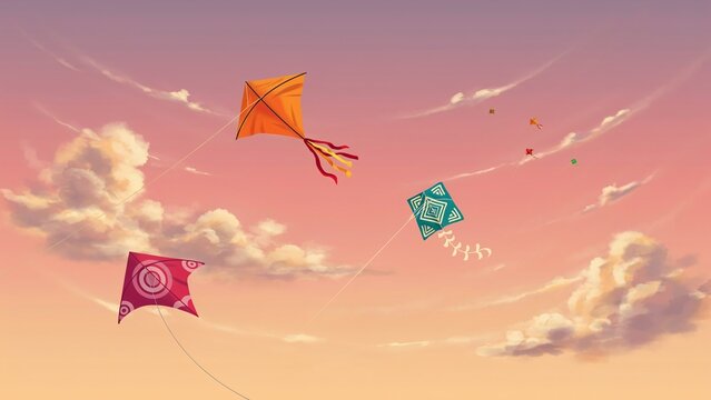 Makar Sankranti Sunset Sky with Kites Flying in Fluffy Clouds