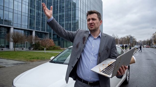 Frustrated businessman with coffee stains on suit and laptop standing by car in front of office building