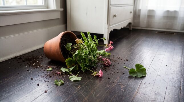 Fallen Terracotta Pot with Spilled Soil and Displaced Geranium Flower on a Dark Hardwood Interior Floor