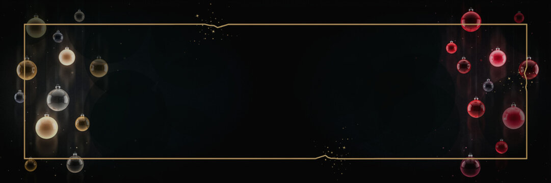 Christmas background with hanging glass baubles in gold and red, glowing ornaments and elegant broken gold frame with sparkling dust on black, luxury minimal New Year holiday banner with large copy sp