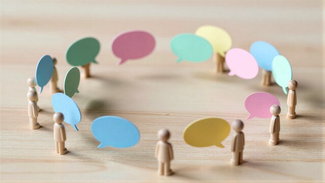 Wooden figures surround colorful speech bubbles, symbolizing communication and dialogue.
