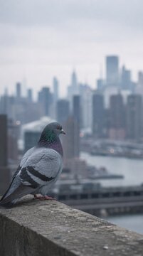 A pigeon perched on a concrete ledge overlooking a blurred city skyline on a cloudy day.