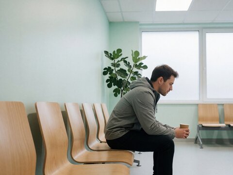 Man sitting alone in a waiting room with a paper cup