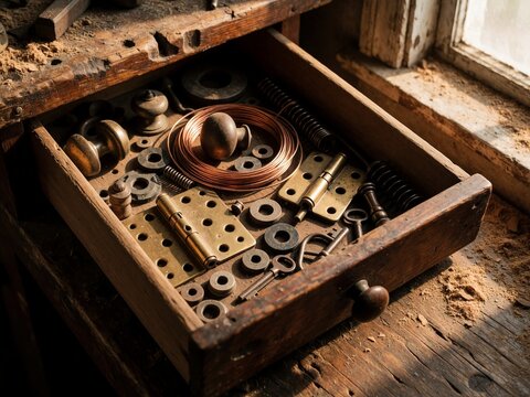 Vintage hardware in old wooden workshop drawer