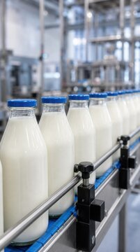 Glass bottles filled with milk are lined up on a conveyor belt in a dairy processing plant.